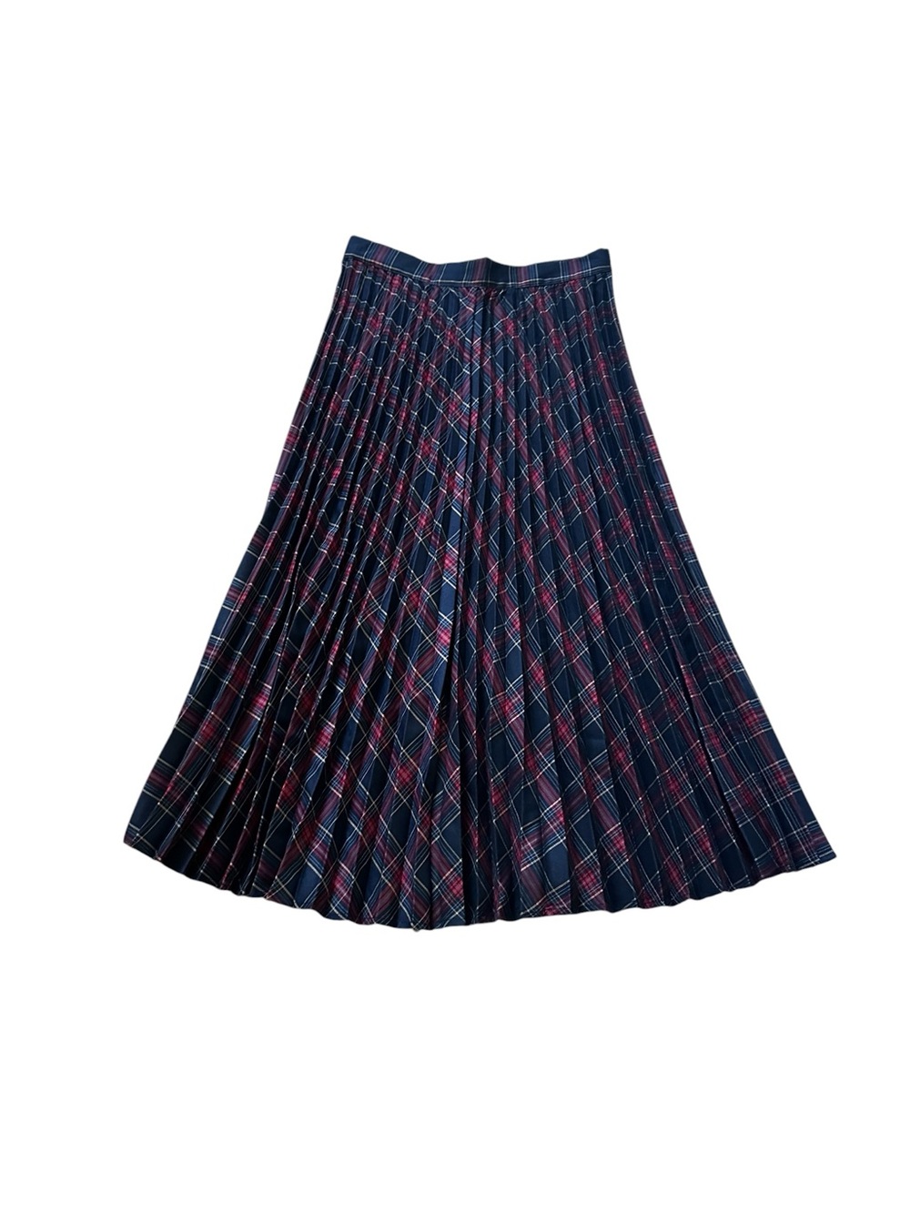 FORE Womens Pleated Midi Skirt Blue Red Plaid Preppy Dark Academia Grunge Modest